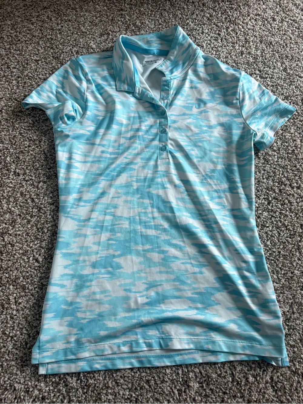 Nike Women’s Aqua and White Camo Short-Sleeve Button-Down Top